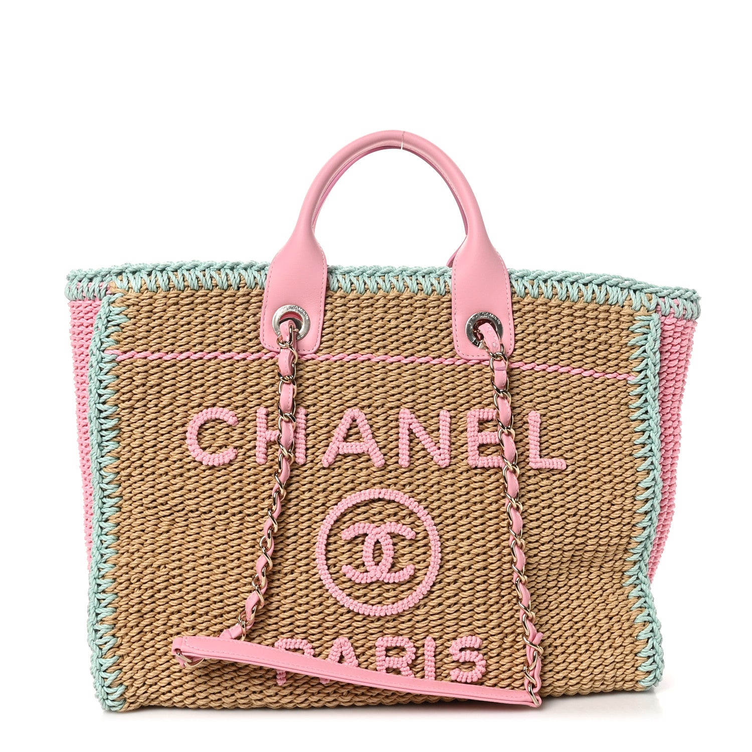 Chanel Raffia Crochet Medium Deauville Tote Beige Light Pink Green