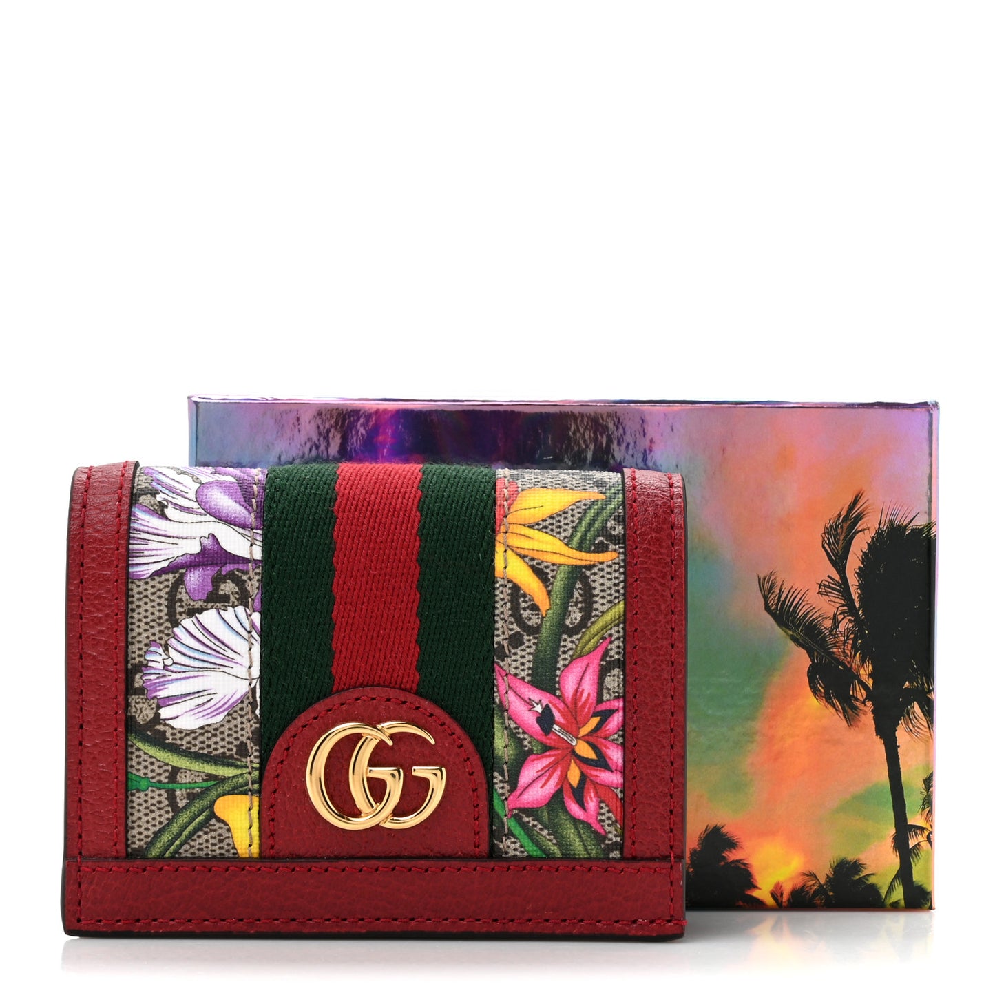 GG Supreme Monogram Flora Web Ophidia Card Case Red