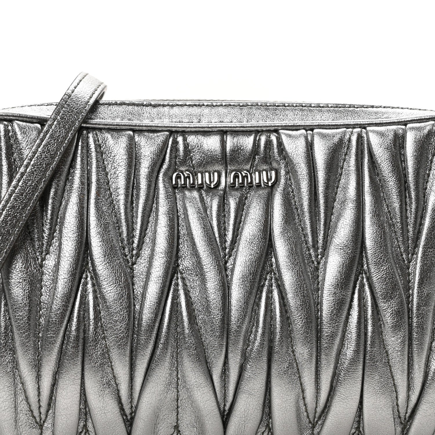 Miu Miu Metallic Nappa Matelasse Double Zip Pochette Clutch Cromo