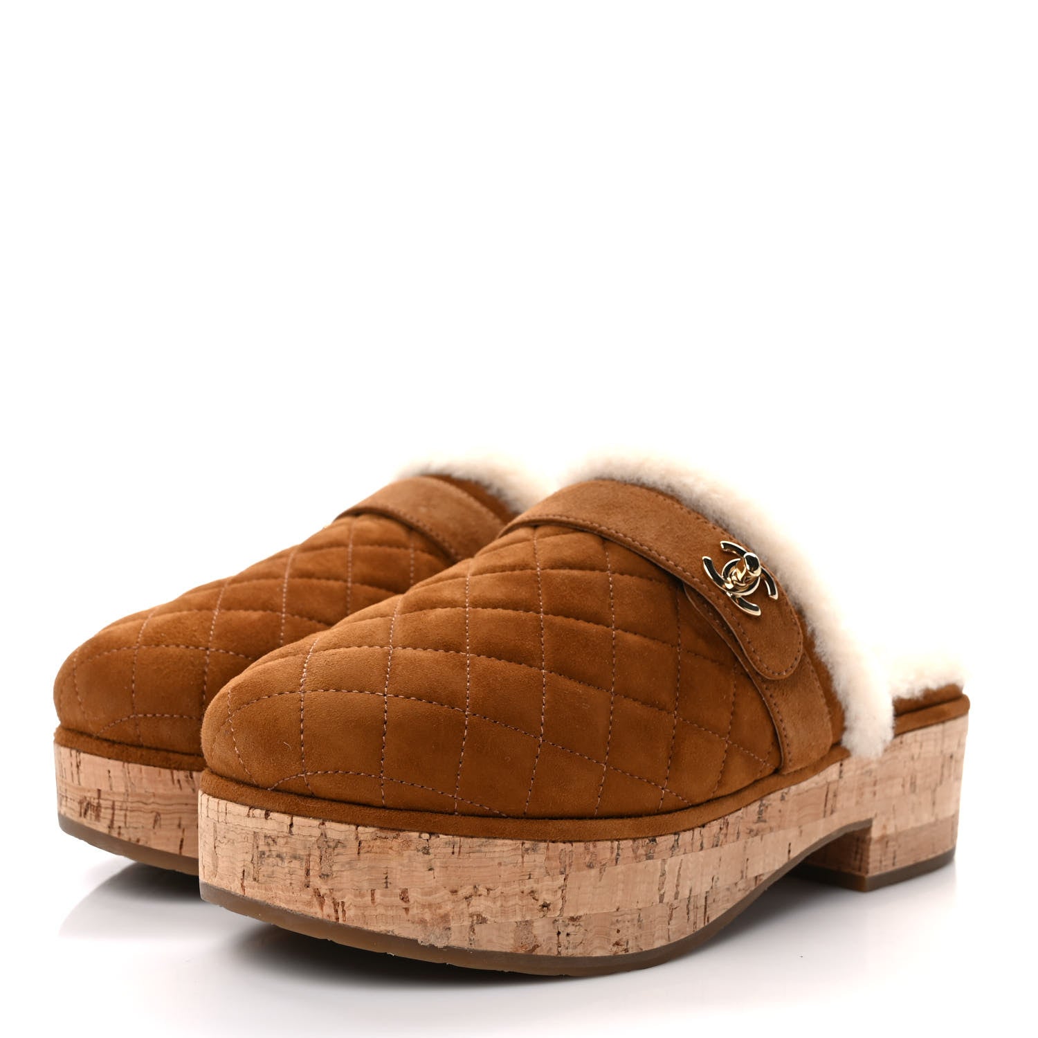 Chanel Suede Calfskin Shearling Turn Lock Clogs 39 Brown 3 of 8