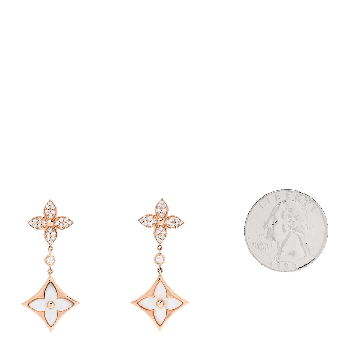 18K Pink Gold Diamond Mother of Pearl Color Blossom M Star Multi Motif Drop Earrings