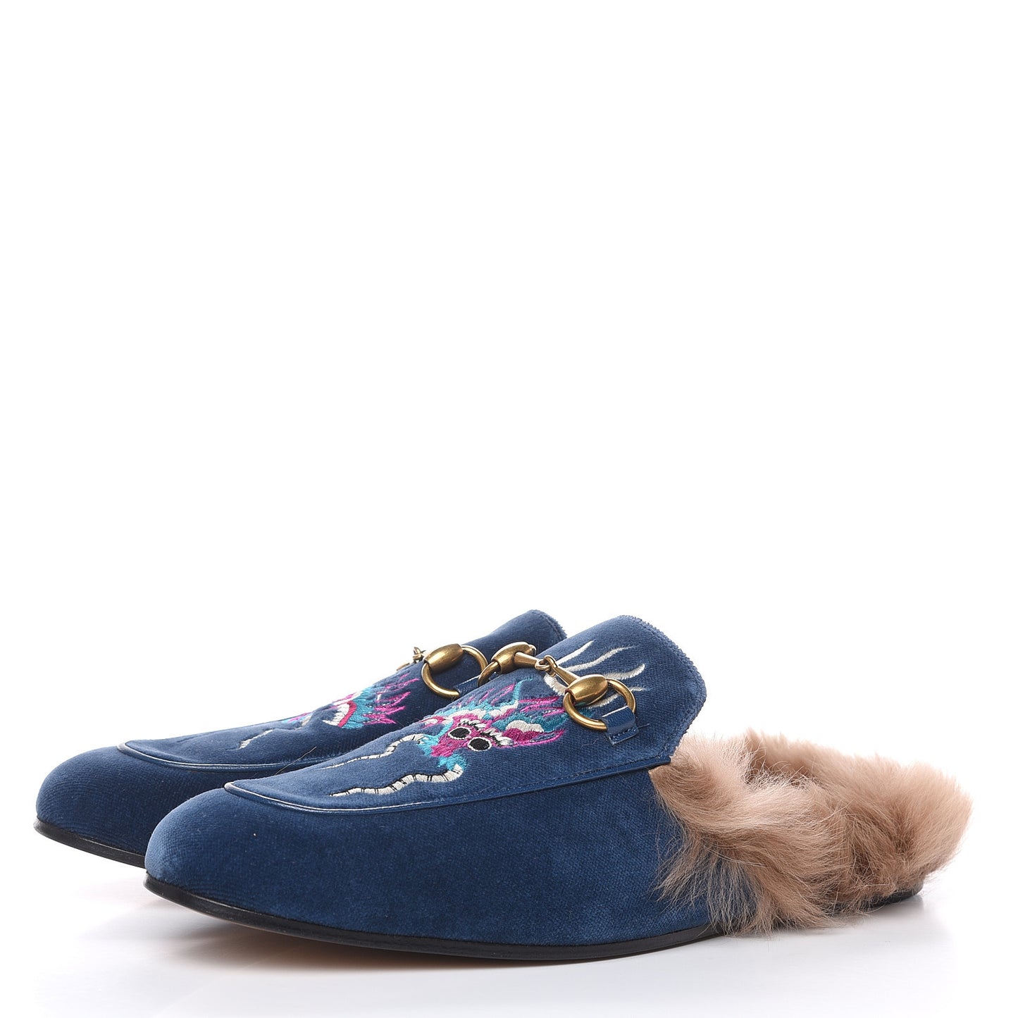 Velvet Fur Dragon Embroidered Mens Princetown Slippers 7 Zaffre Dark Zaffre