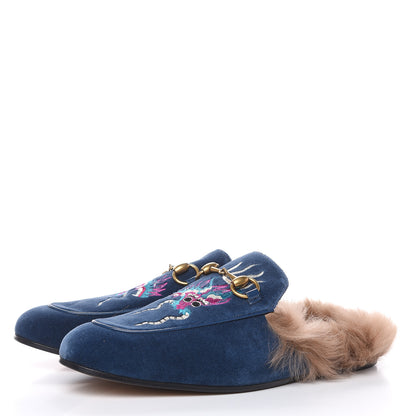 Gucci Velvet Fur Dragon Embroidered Mens Princetown Slippers 7 Zaffre Dark Zaffre 3 of 9