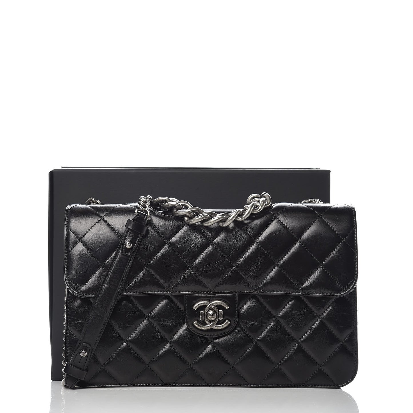 Glazed Calfskin Quilted Large Perfect Edge Flap Black