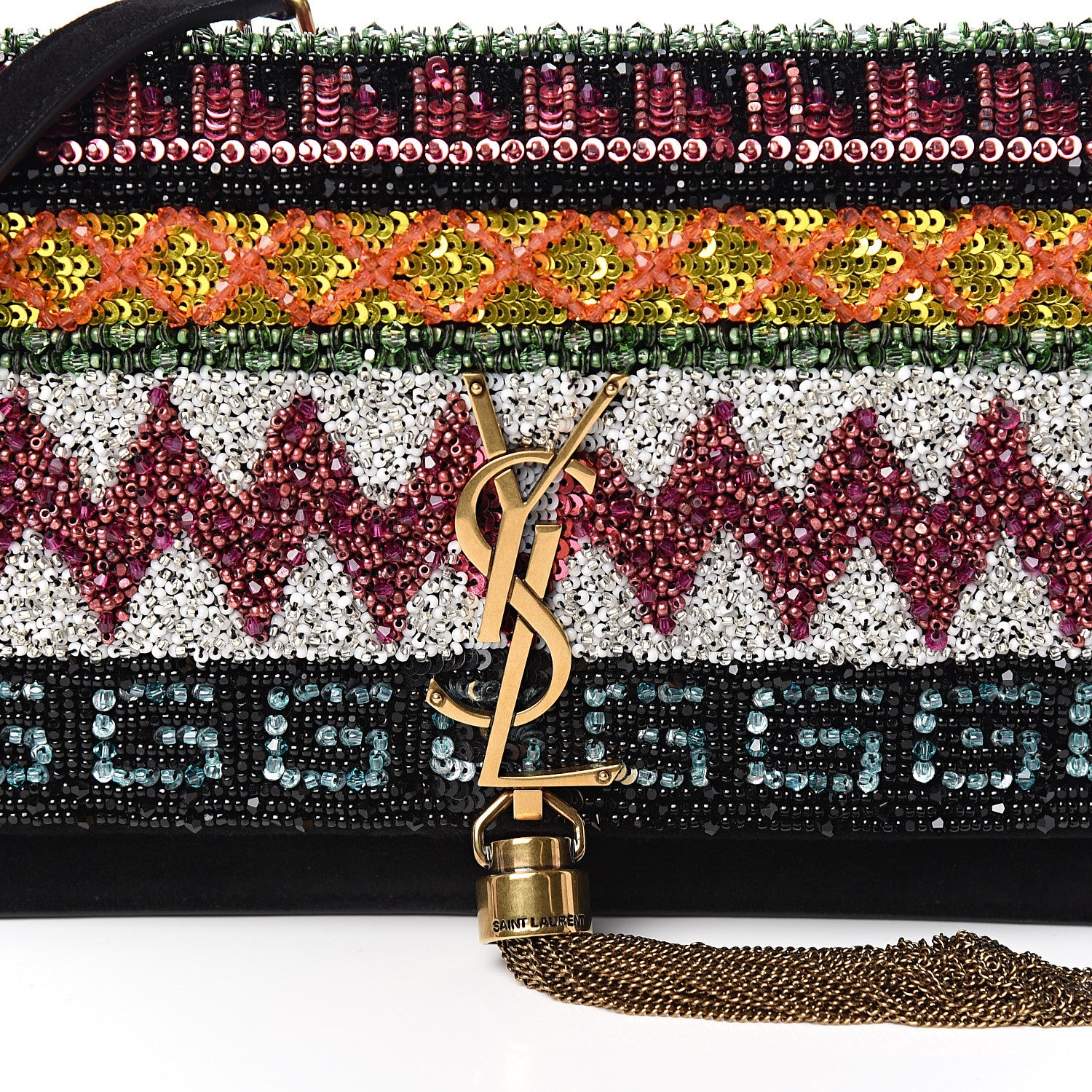 Saint Laurent Suede Sequin Bead Embellished Classic Monogram Kate Tassel Chain Wallet Black Multicolor 9 of 10