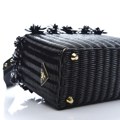 Prada Wicker Canvas Floral Embellished Shoulder Bag Black 7 of 12