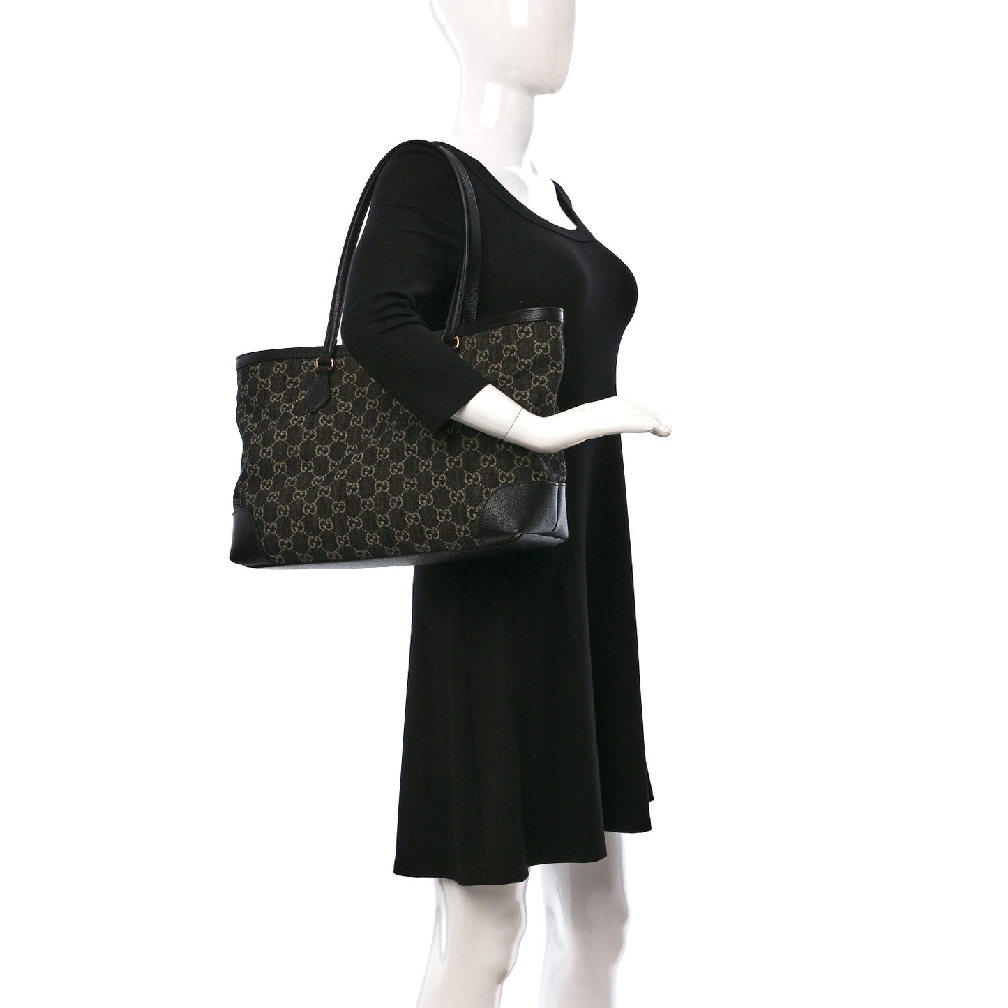 Jacquard Black Denim GG Monogram Medium Ophidia Shopping Tote Black Ivory