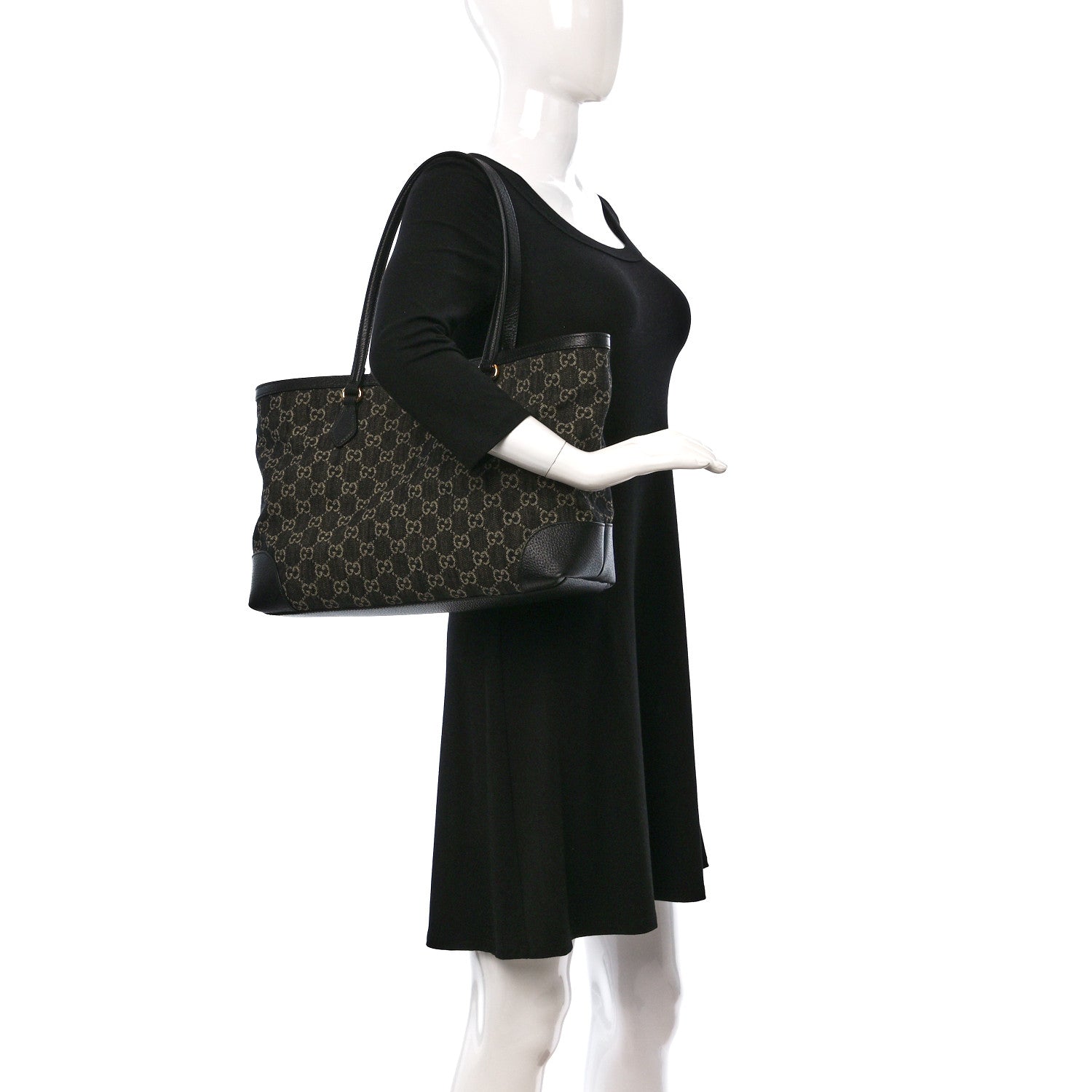 Gucci Jacquard Black Denim GG Monogram Medium Ophidia Shopping Tote Black Ivory 2 of 9