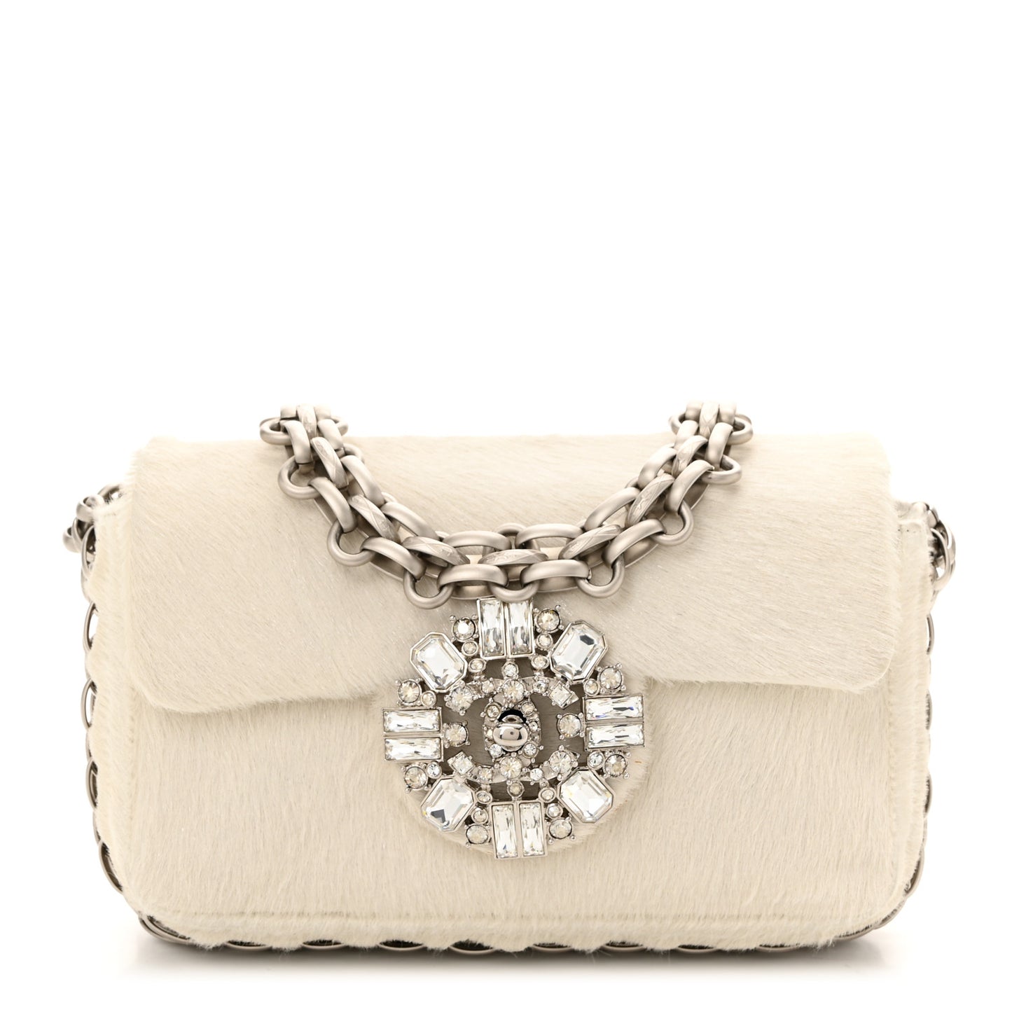 Pony Hair Baguette Crystal CC Flap Bag White