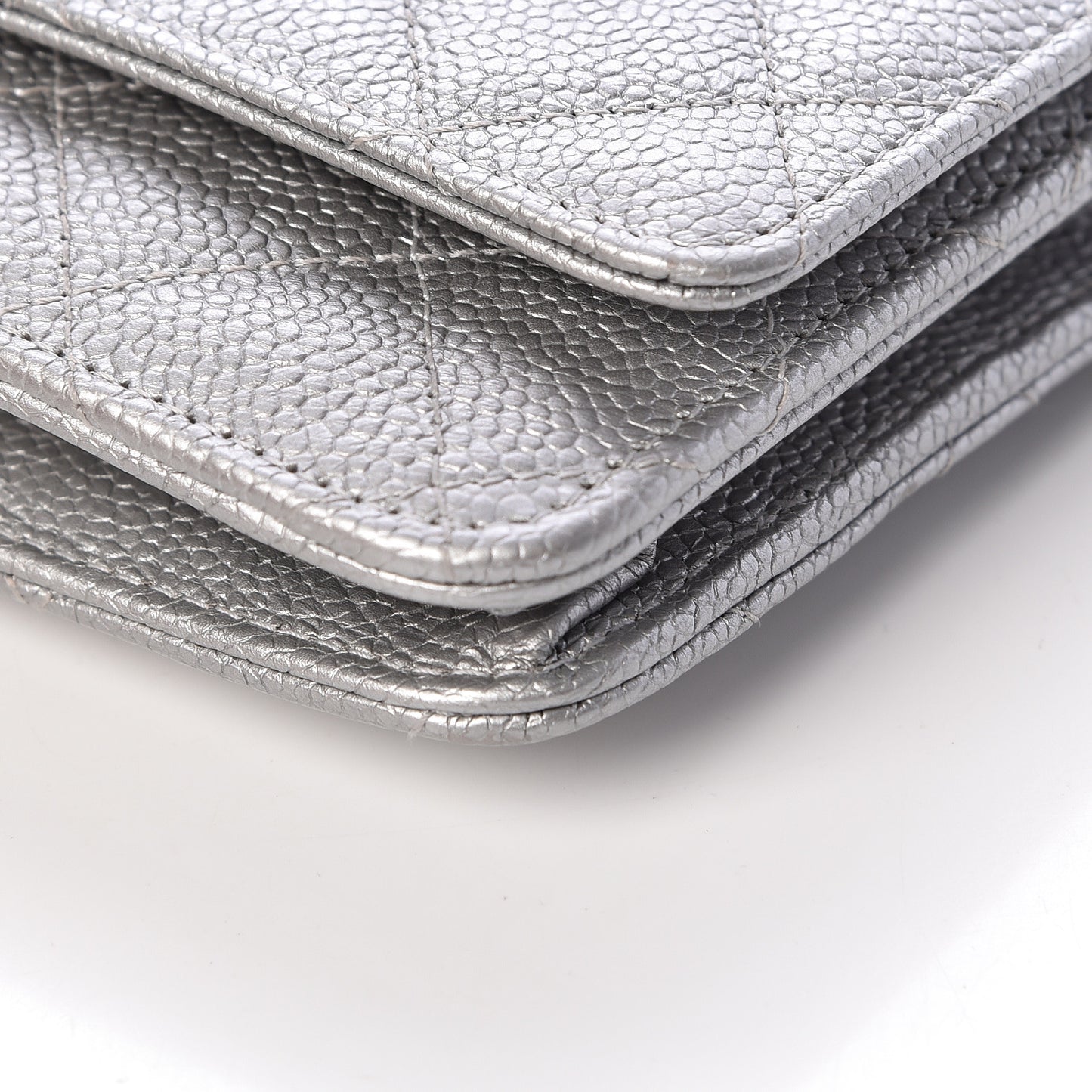 Metallic Caviar Quilted Wallet on Chain WOC Silver