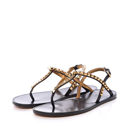 Valentino Garavani Calfskin Rockstud No Limit Slingback Flat Thong Sandals 36.5 Black Gold 3 of 7