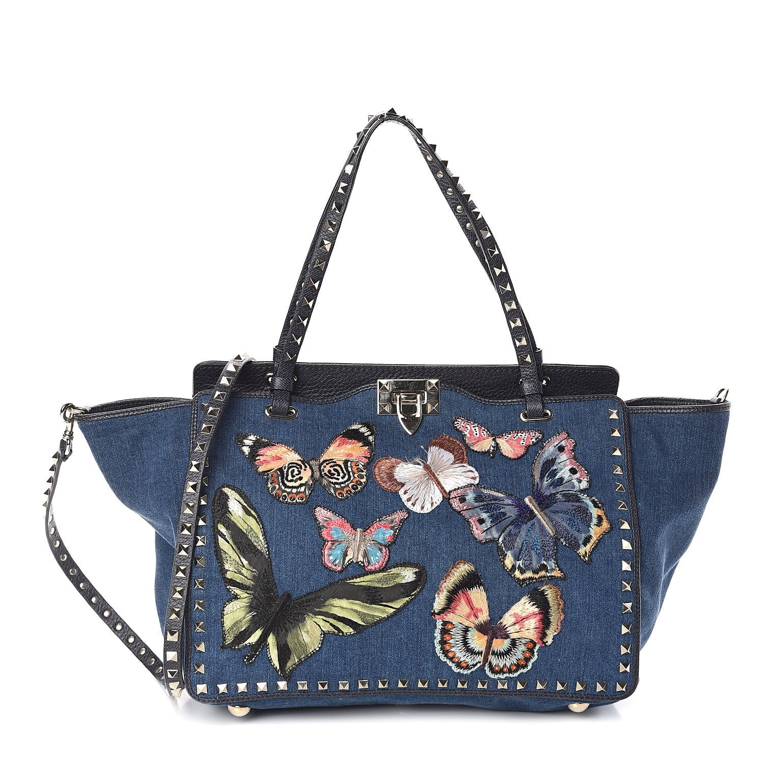 Valentino Garavani Denim Butterfly Embroidered Medium Rockstud Tote Light Denim Multicolor 1 of 9
