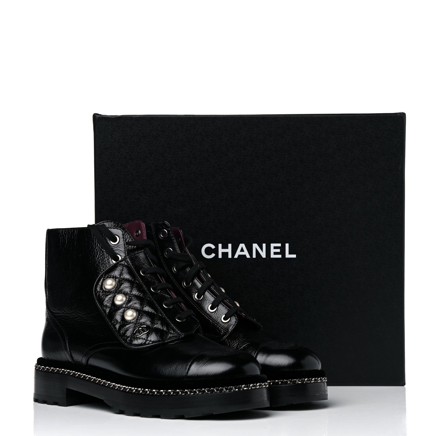 Chanel Crackled Calfskin Velvet Pearl Combat Short Boots 38 Black 13 of 14