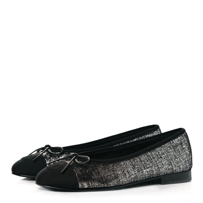 Chanel Suede Kidskin Grosgrain CC Cap Toe Ballerina Flats 36.5 Silver Black 3 of 10