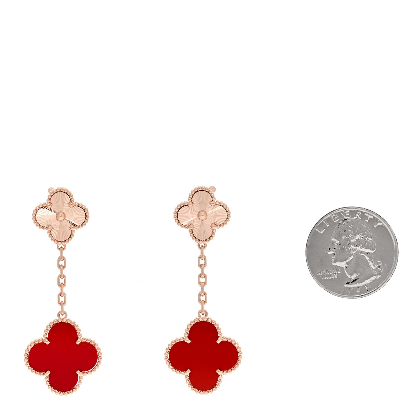 18K Rose Gold Guilloche Carnelian 2 Motifs Magic Alhambra Earrings