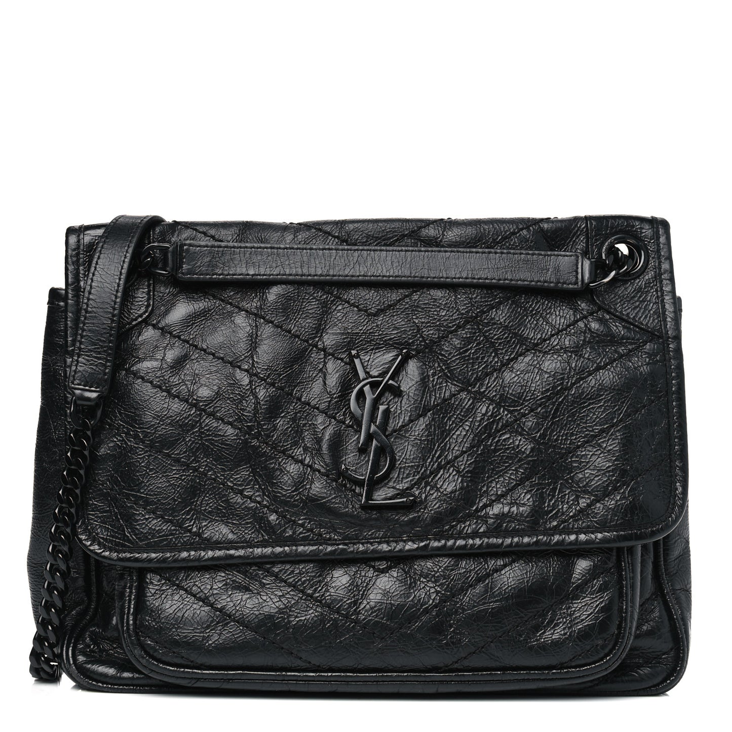 Crinkled Calfskin Matelasse Monogram Medium Niki Chain Satchel Black