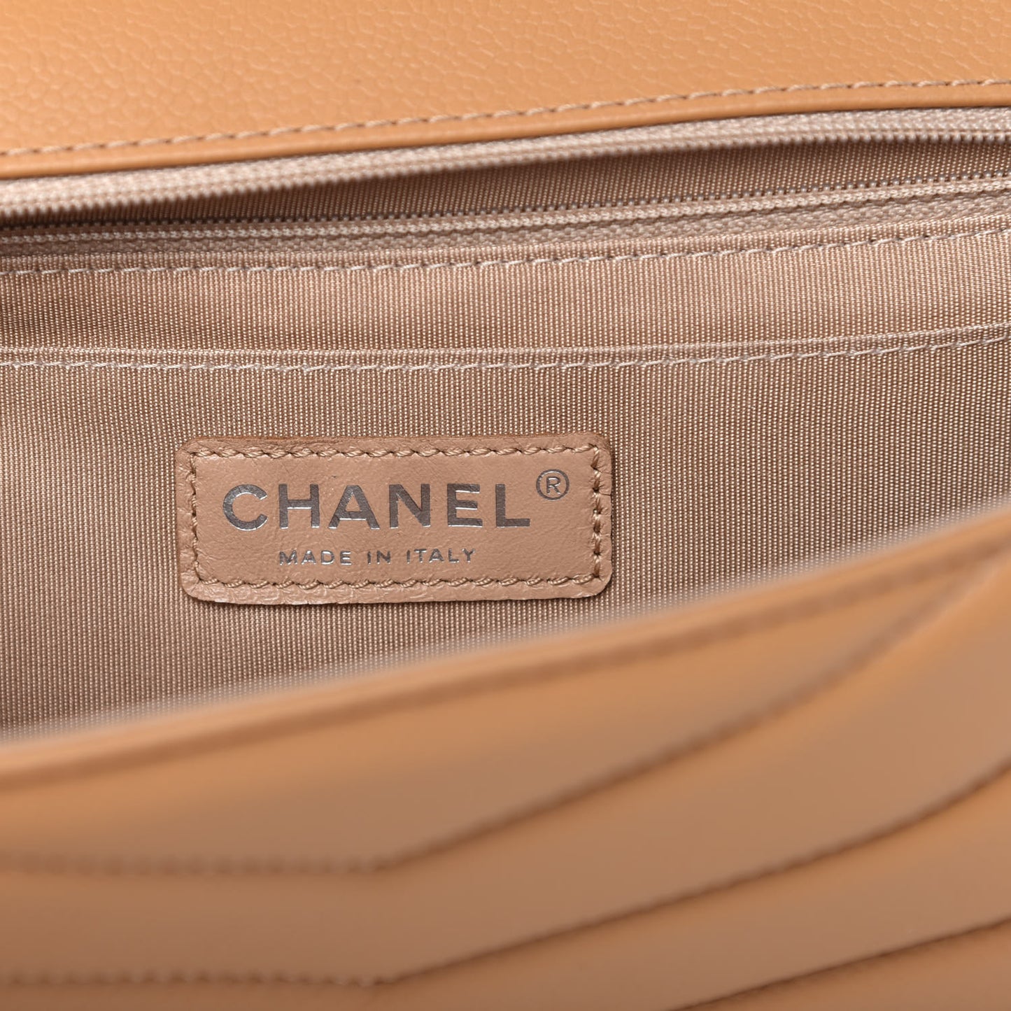 Caviar Chevron Quilted Single Flap Beige