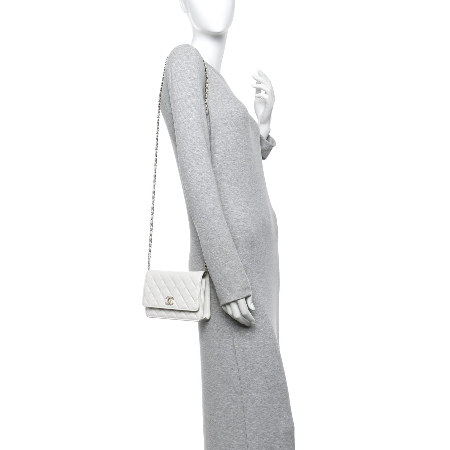 Caviar Quilted Crystal CC Wallet On Chain WOC White