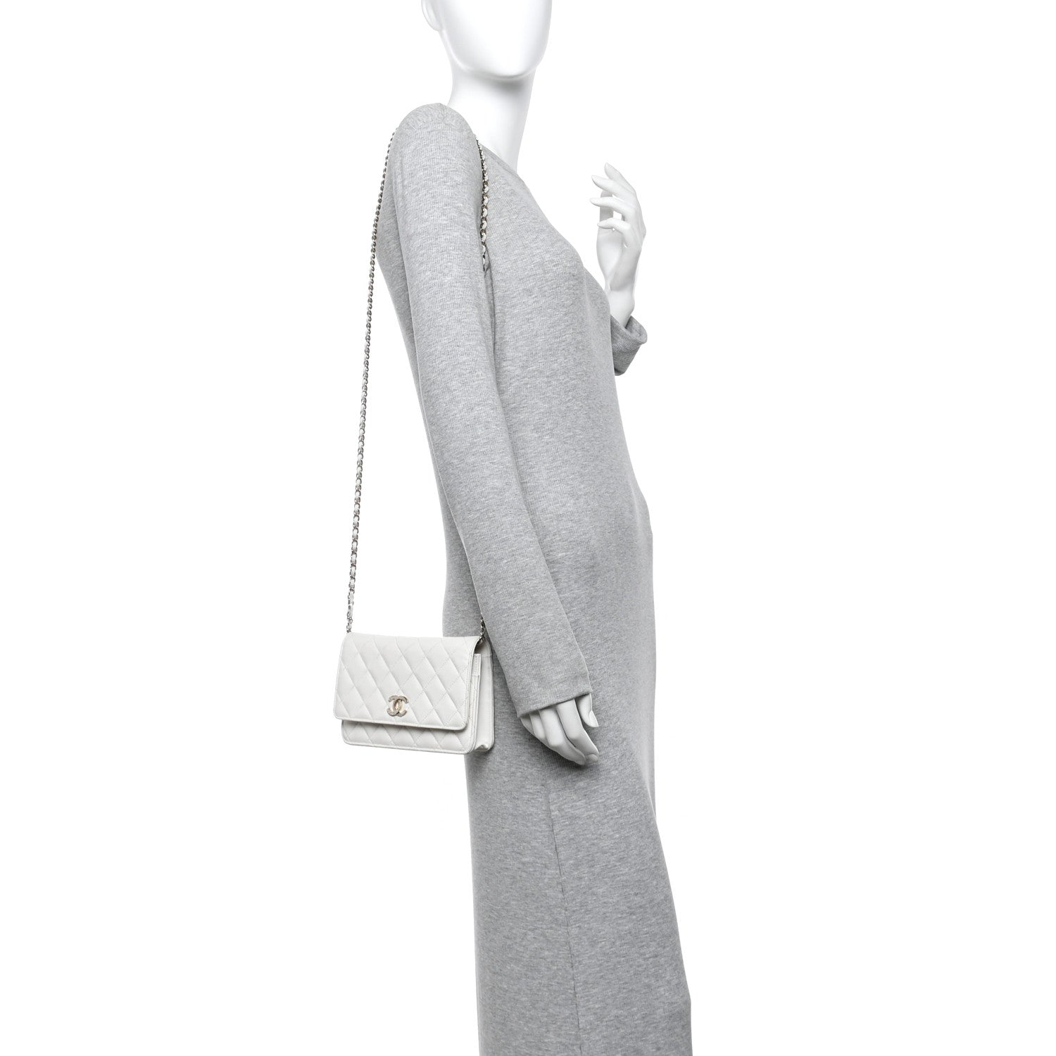 Chanel Caviar Quilted Crystal CC Wallet On Chain WOC White 2 of 15