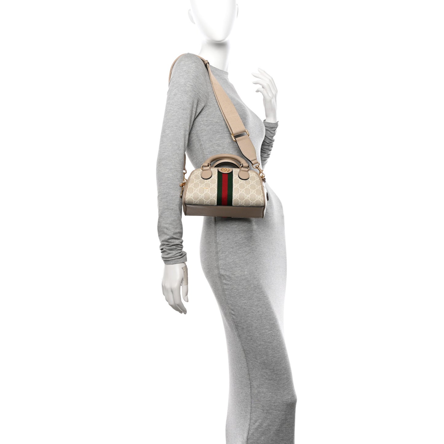 GG Supreme Monogram Textured Dollar Calfskin Web Mini Ophidia Top Handle Bowler Bag Beige Mystic White Oatmeal