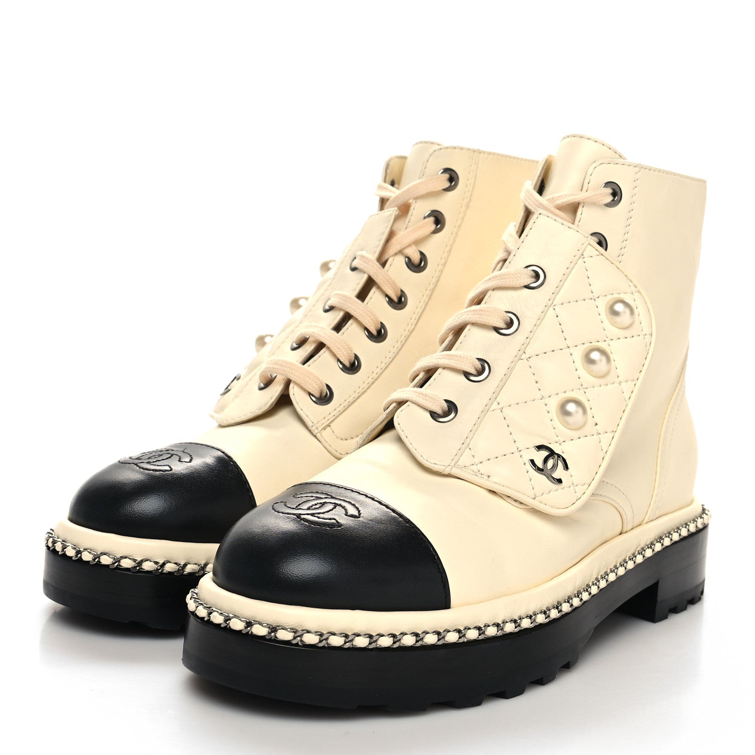 Chanel Lambskin Pearl Combat Short Boots 35.5 Ivory Black 3 of 9