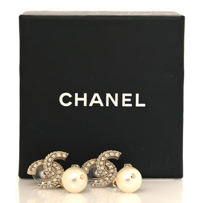 Chanel Crystal Pearl CC Drop Earrings Light Gold 5 of 5