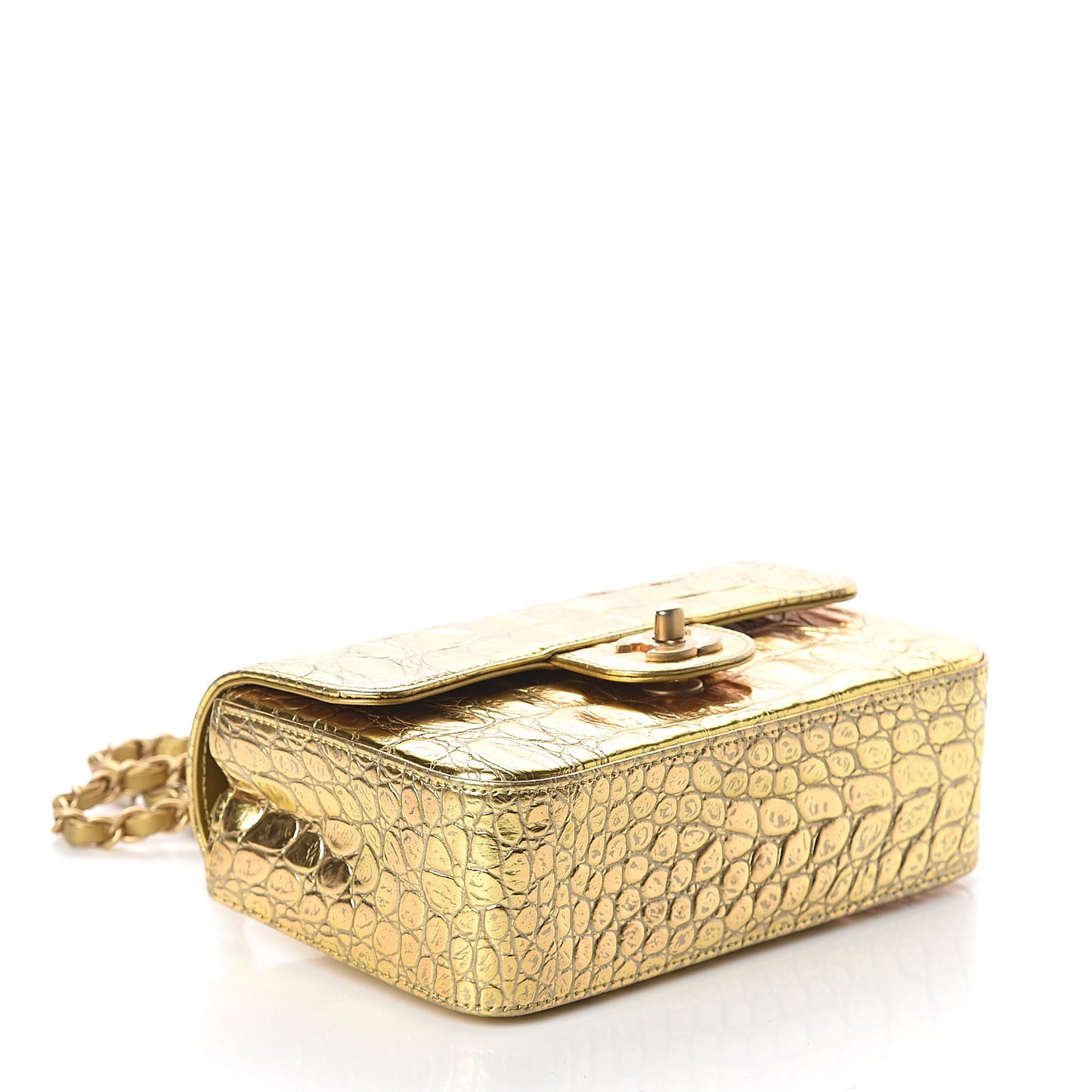 Metallic Calfskin Crocodile Embossed Cocodile Rectangular Mini Flap Gold