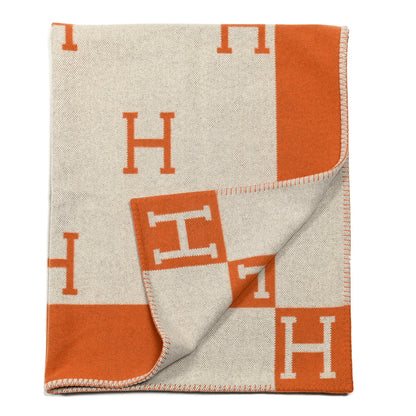Hermes Wool Cashmere Signature Classic Avalon Blanket Ecru Potiron 2 of 3