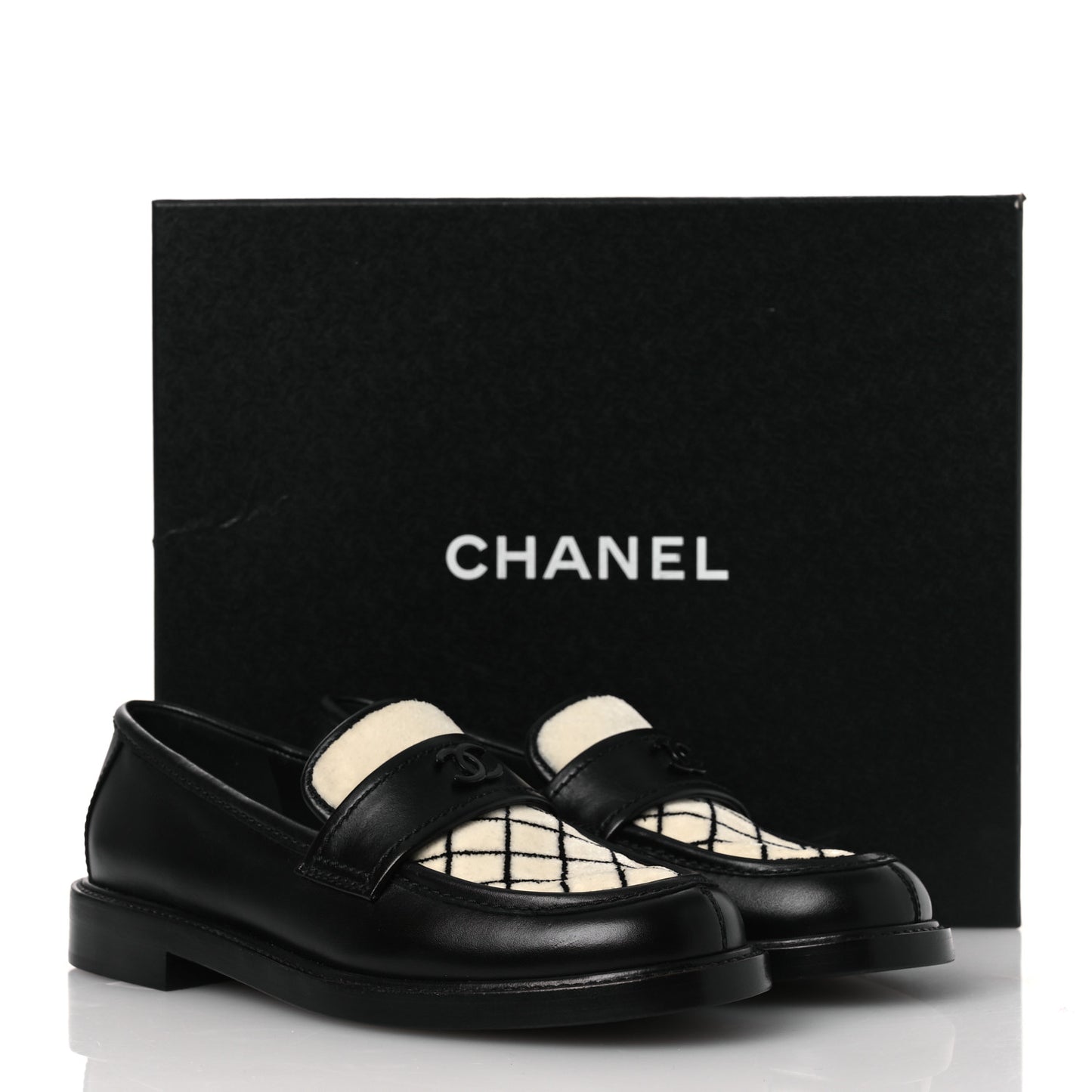 Calfskin Fabric Embroidered Quilted CC Loafers 37 Ivory Black