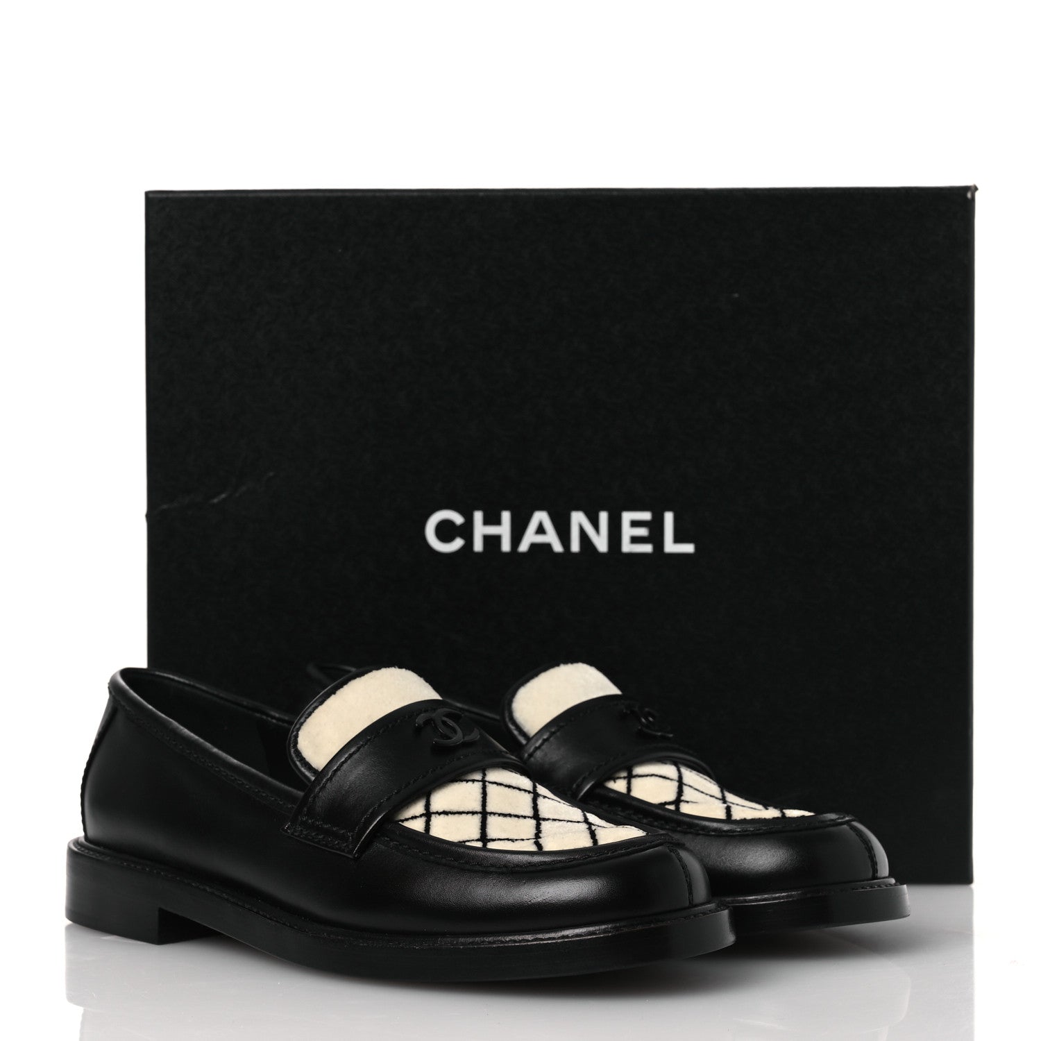 Chanel Calfskin Fabric Embroidered Quilted CC Loafers 37 Ivory Black 11 of 11