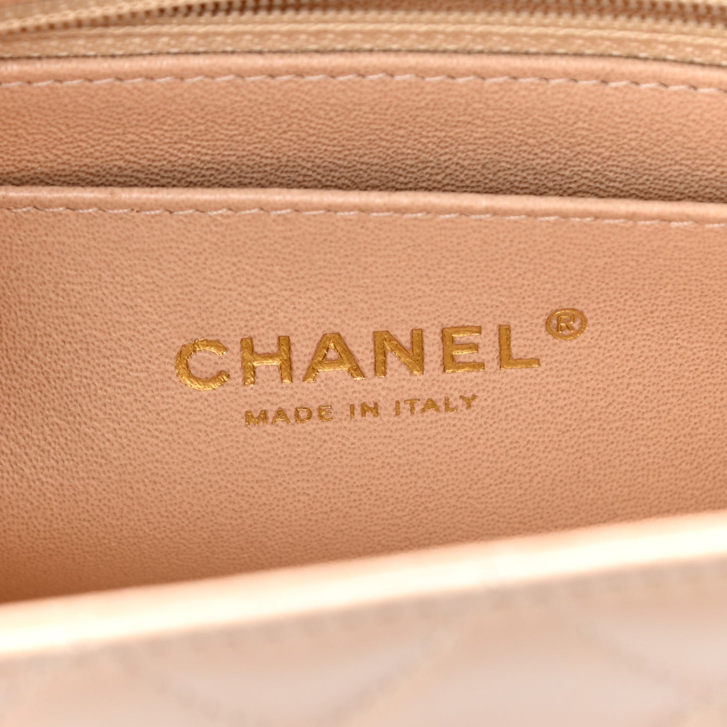 Iridescent Calfskin Quilted Mini Rectangular Flap Beige