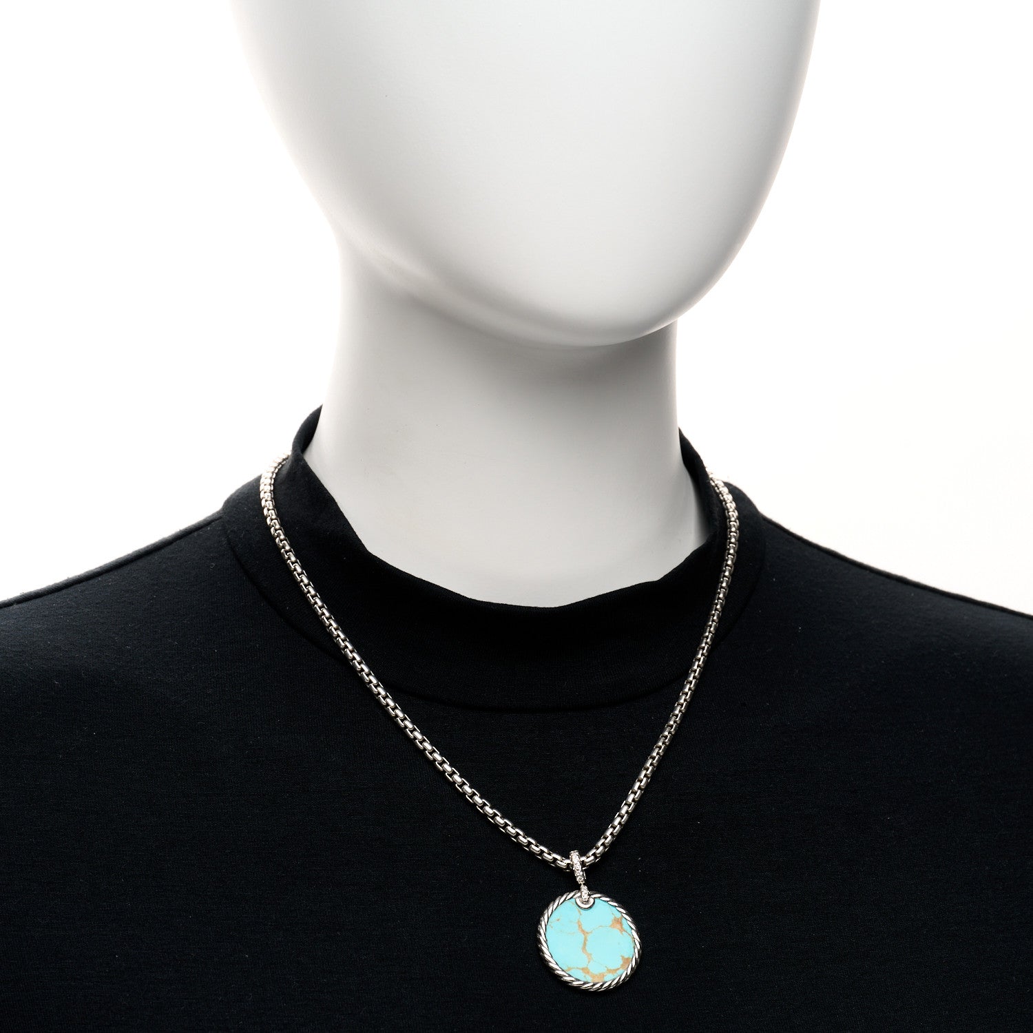 David Yurman Sterling Silver Diamond Mother of Pearl Turquoise 24mm DY Elements Reversible Pendant Box Chain Necklace 2 of 4