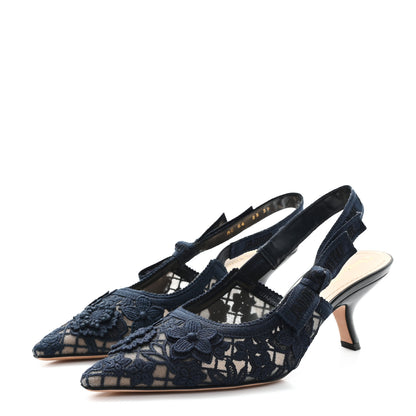 Christian Dior Lace Ribbon Rose Embroidered J'Adior Slingback 65mm Pumps 39 Navy 4 of 9