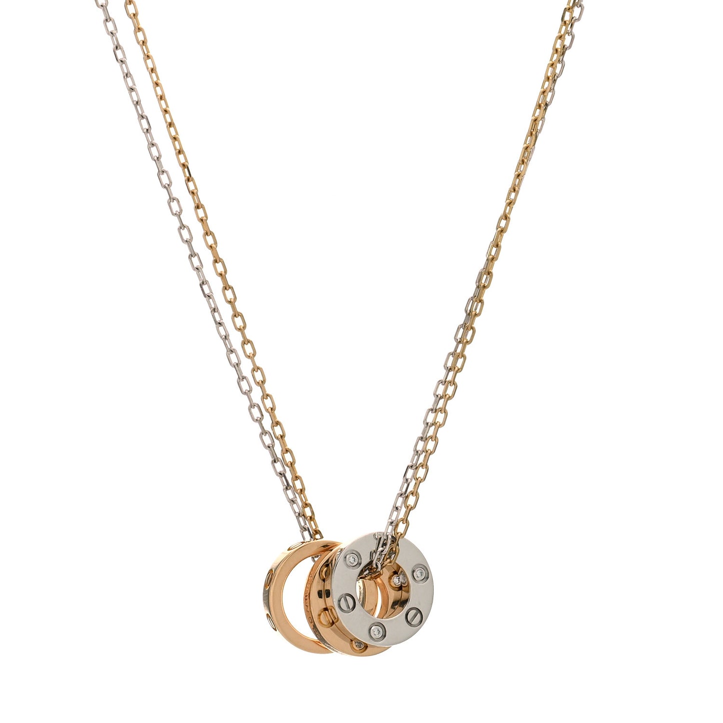 18K White Pink Gold Diamond Three Ring LOVE Pendant Necklace