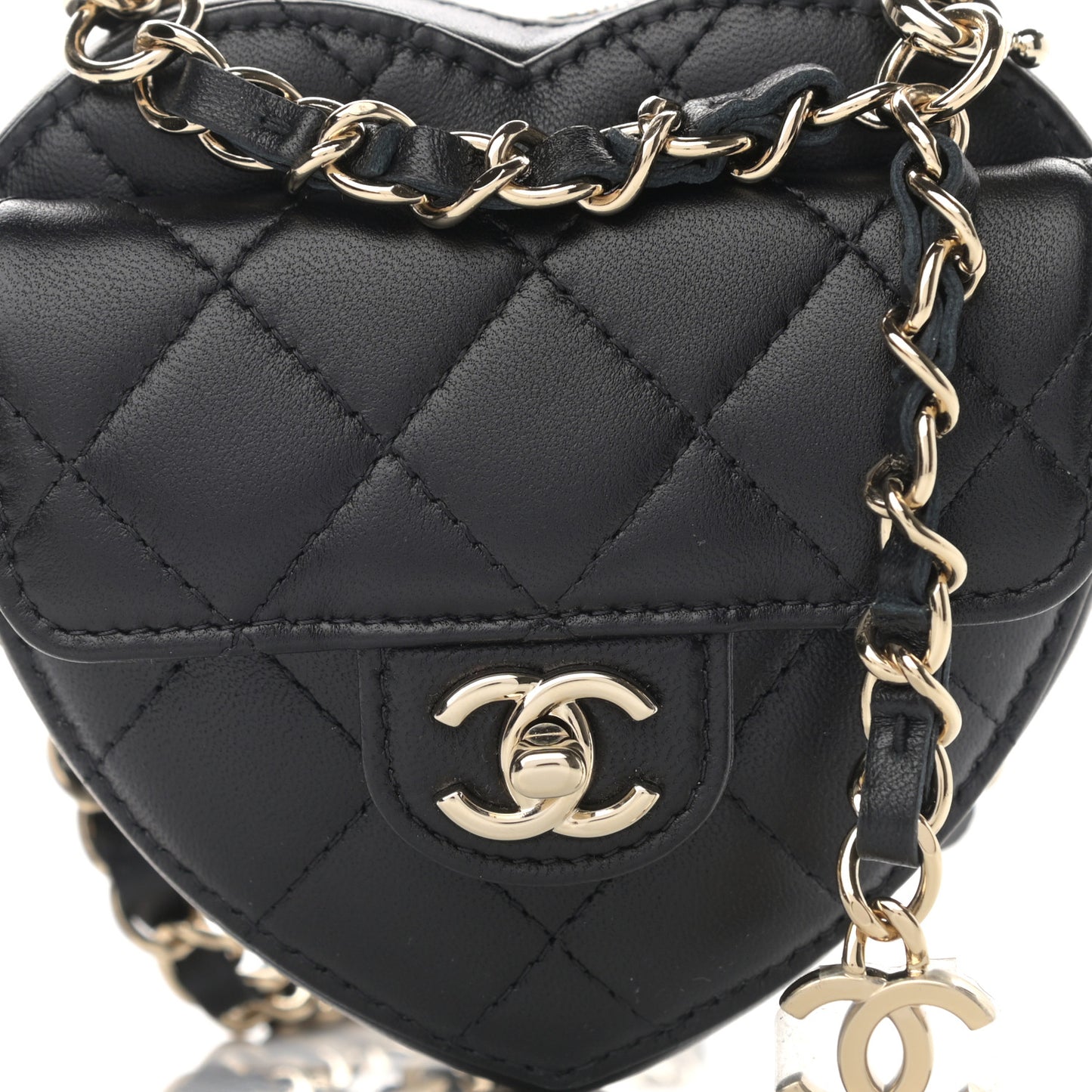 Lambskin Quilted CC In Love Heart Waist Belt Bag With Chain Black