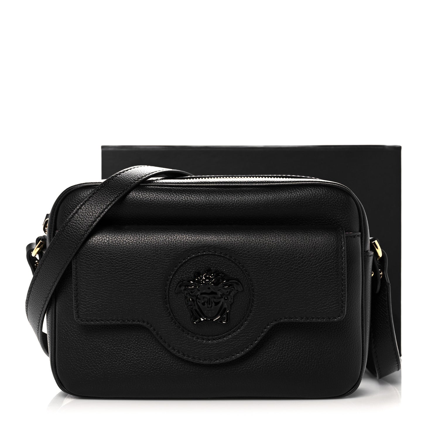 Grained Calfskin Medusa Camera Bag Black