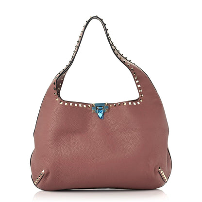 Valentino Garavani Pebbled Calfskin Small Rockstud Flip Lock Hobo Dark Nude 1 of 8