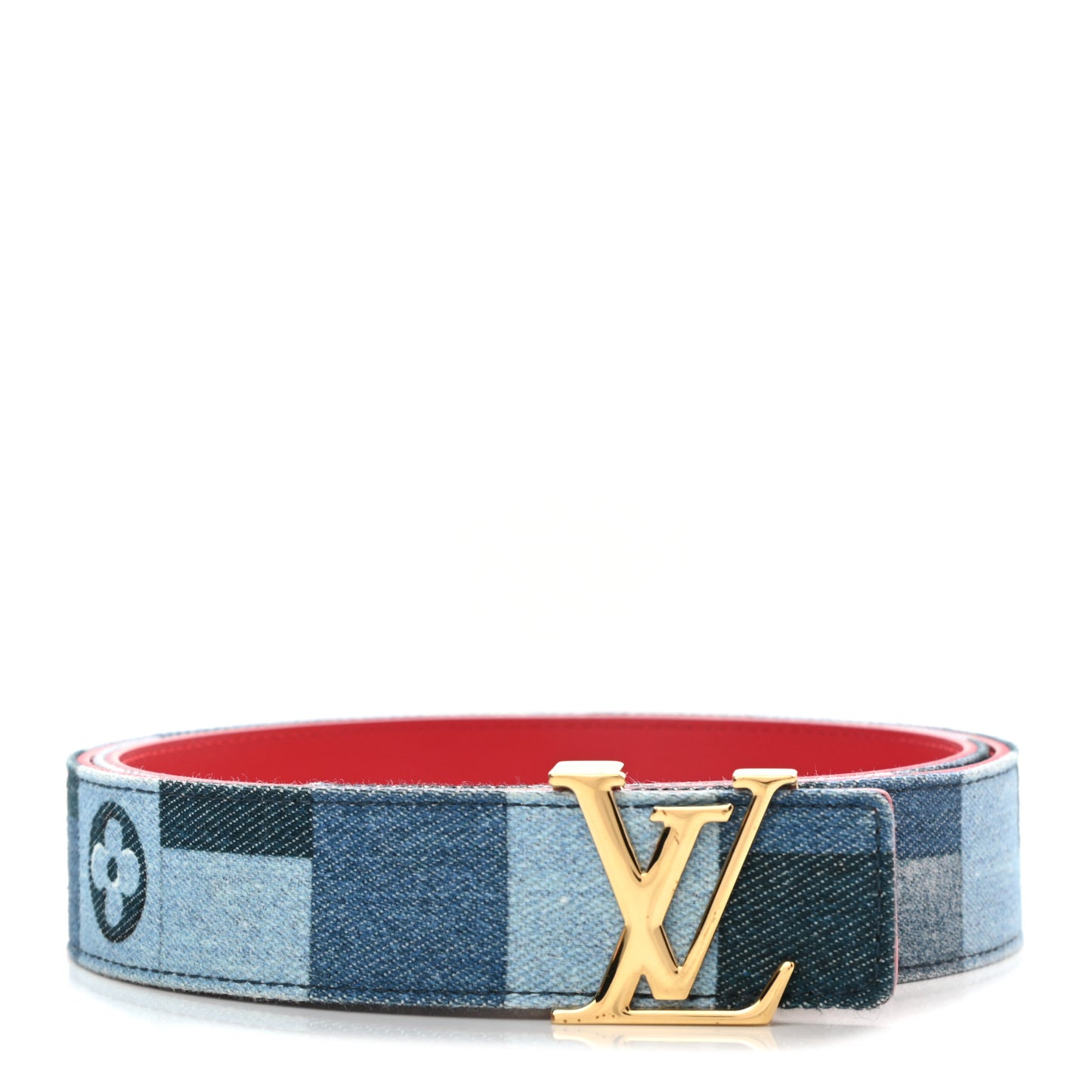 Denim Damier Monogram Patchwork 30mm Iconic Reversible Belt 80 32 Blue Rouge