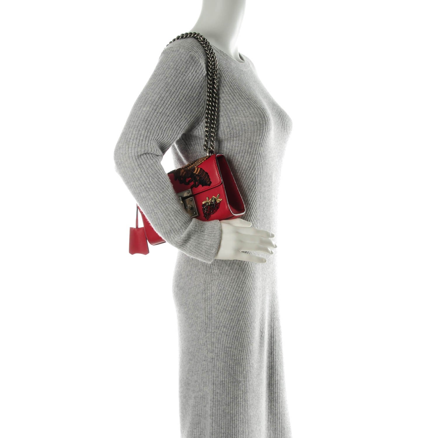 Gucci Calfskin Bee Embroidered Small Padlock Shoulder Bag Hibiscus Red 2 of 7