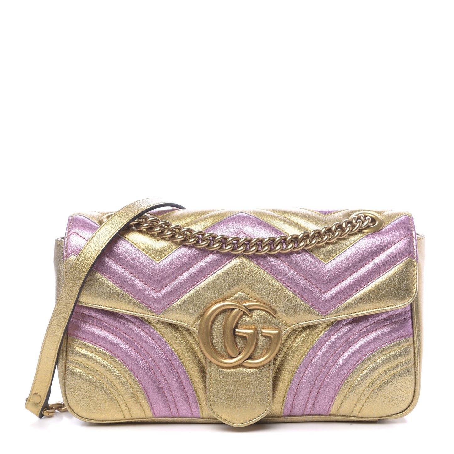 Metallic Calfskin Matelasse Small GG Marmont Shoulder Bag Gold Pink