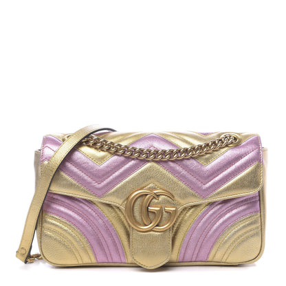 Gucci Metallic Calfskin Matelasse Small GG Marmont Shoulder Bag Gold Pink 1 of 11