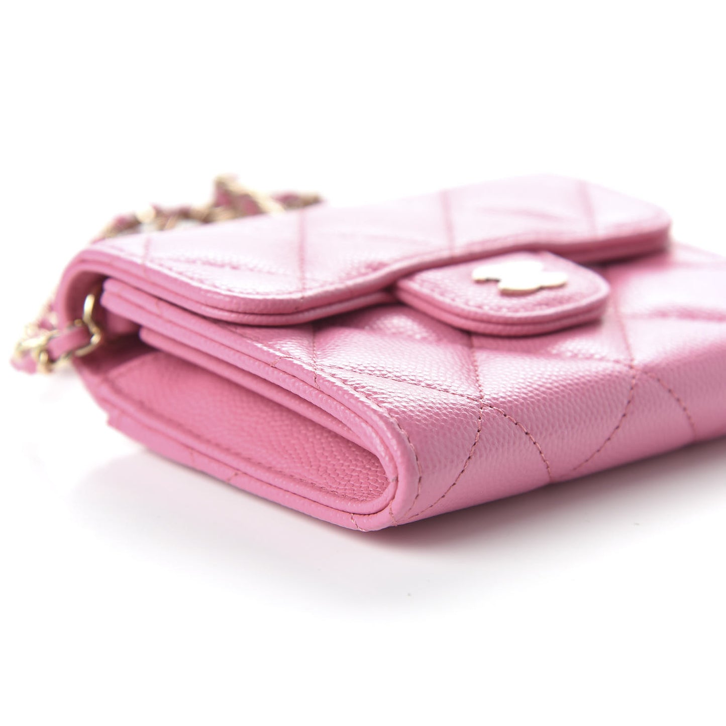 Caviar Quilted Flap Card Holder On Chain Pink