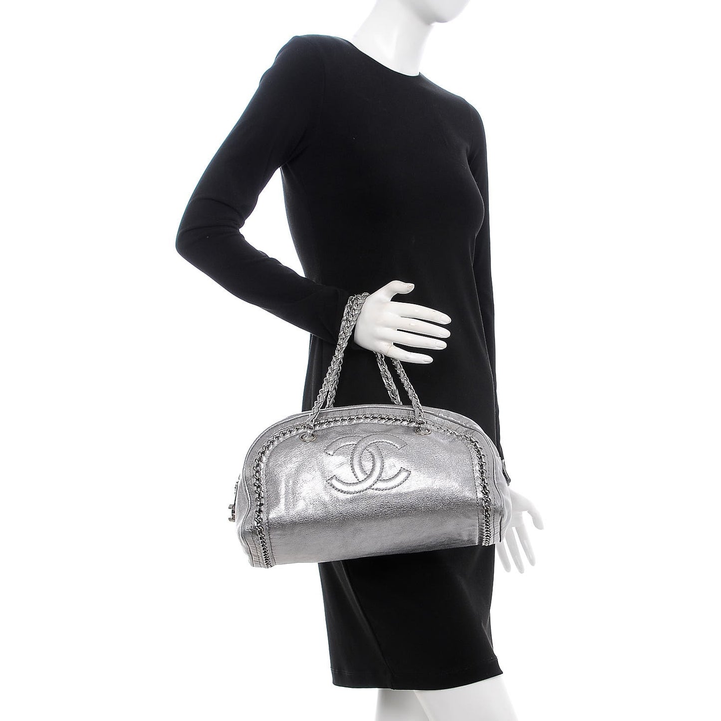 Metallic Goatskin Medium Luxe Ligne Bowler Silver