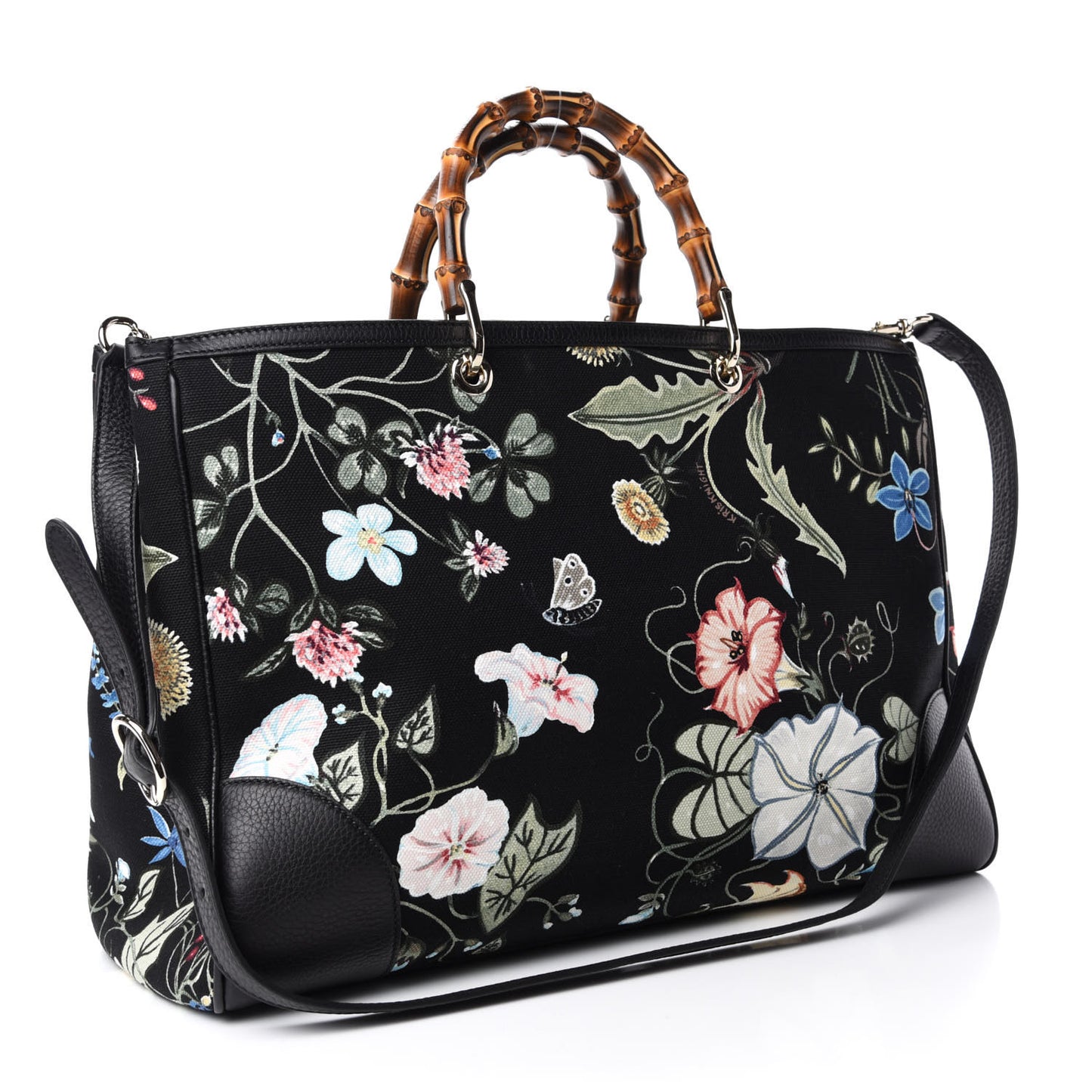 Canvas Cellarius Calfskin Flora Knight Large Bamboo Shopper Tote Black