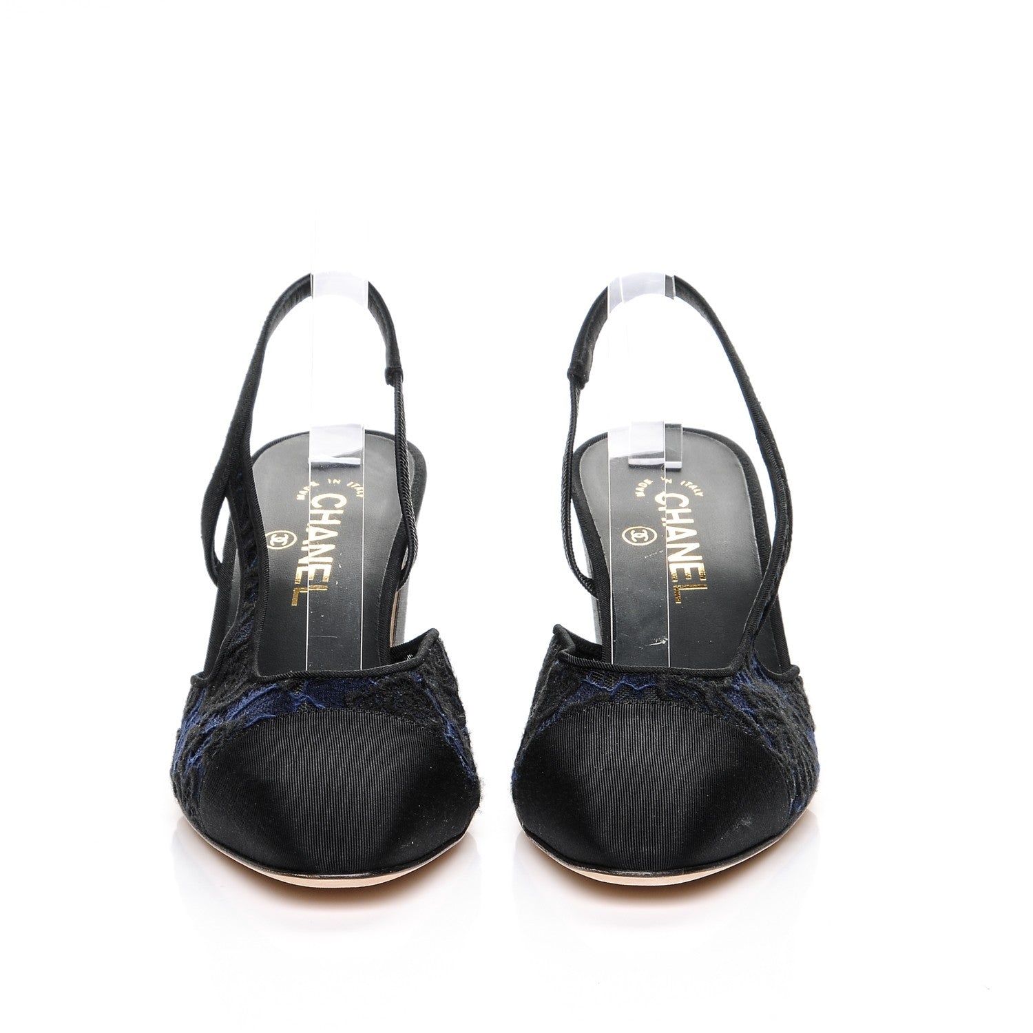 Chanel Lace Grosgrain Cap Toe CC Slingback Pumps 40 Navy Black 4 of 8