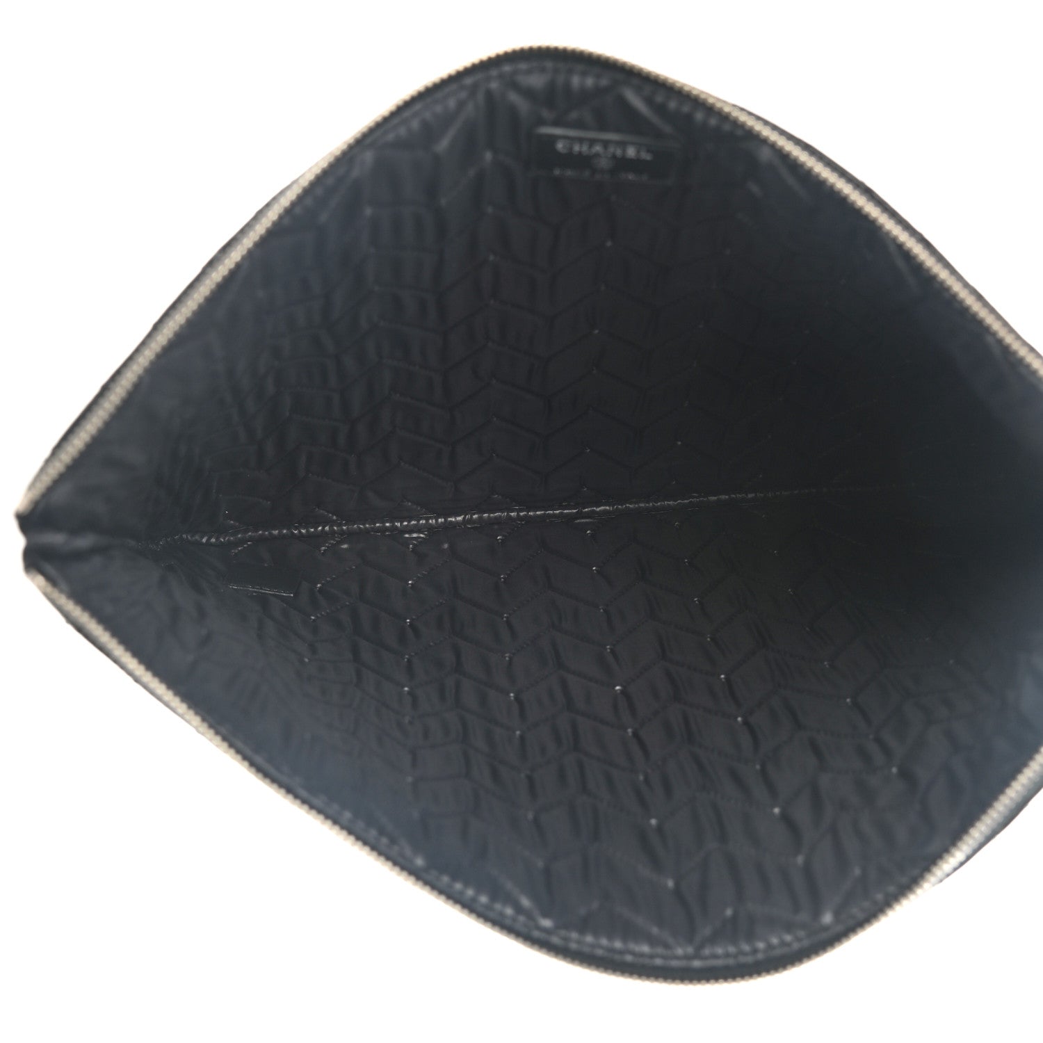Chanel Distressed Patent Chevron Quilted Medium CC Crossing Cosmetic Case Black 5 of 7