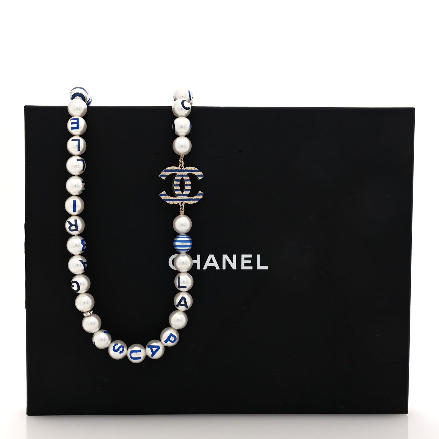 Graduated Resin Pearl Striped CC Logo Long Necklace White Blue