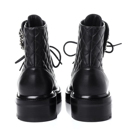 Chanel Shiny Lambskin Quilted Lace Up Combat Boots 38 Black 5 of 12