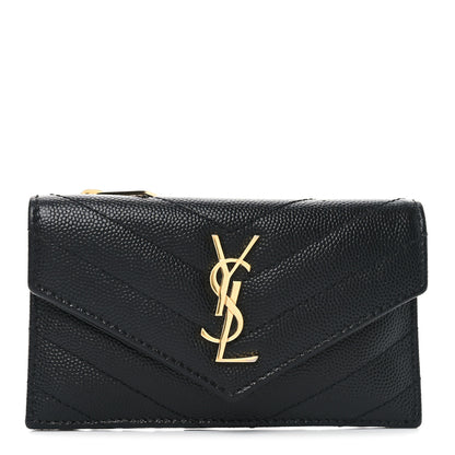 Saint Laurent Grain De Poudre Matelasse Chevron Monogram Compact Wallet Black 1 of 6