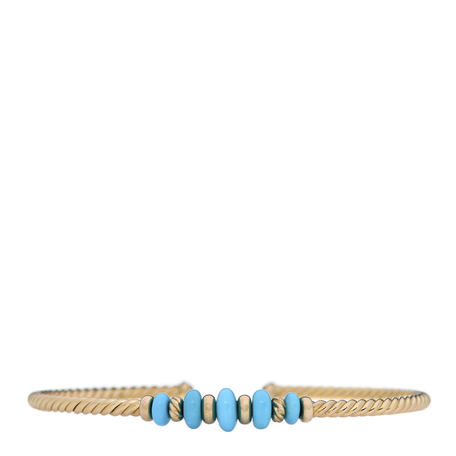 David Yurman 18K Yellow Gold 3mm Turquoise Rio Rondelle Cabled Cuff Bracelet 1 of 4